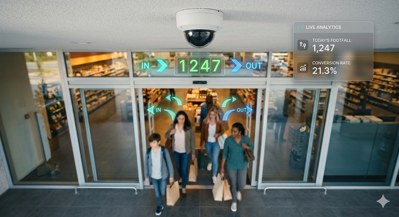 Overhead retail store entrance camera with AI analytics overlay showing real-time people counting directional flow tracking and live footfall conversion data