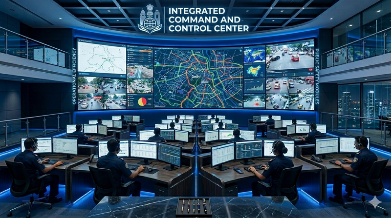 Smart city Integrated Command and Control Centre with operators monitoring live surveillance feeds and city data dashboards