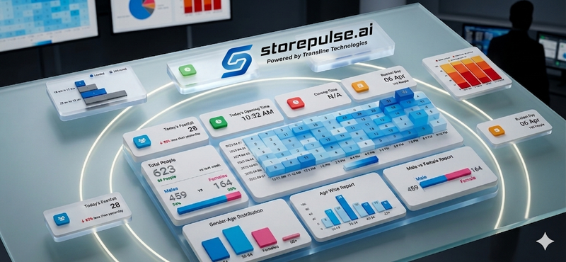 Retail footfall analytics dashboard showing store heat map, hourly visitor count and conversion rate metrics