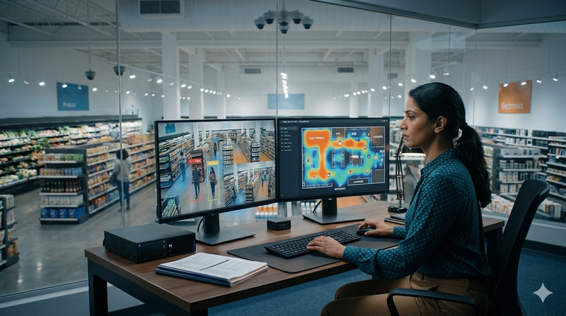 Retail loss prevention manager monitoring live AI video analytics dashboard showing store heat map and CCTV feeds with shopper tracking overlays