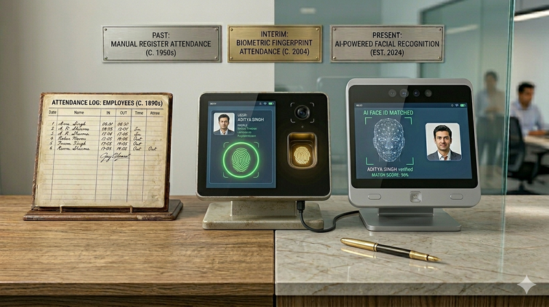 Traditional register based manual compared to modern contactless scanner showing the shift in attendance technology
