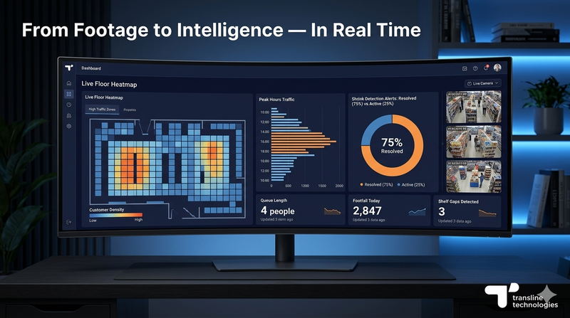AI video analytics dashboard showing live floor heatmap, footfall tracking, queue length and shrink detection alerts in real time.