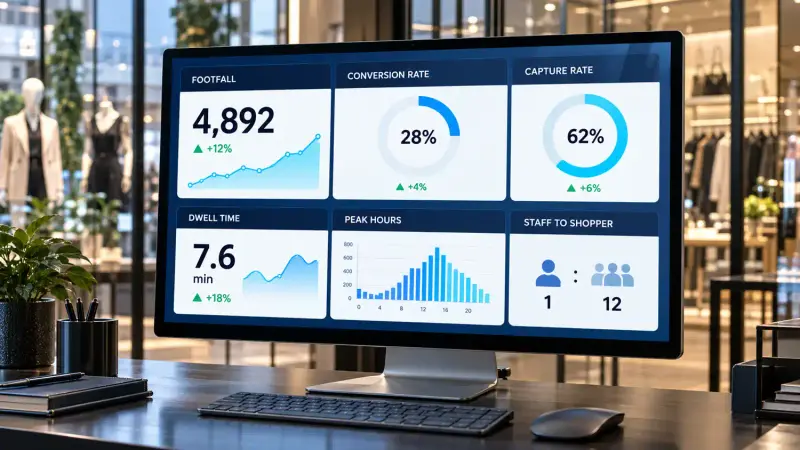 Foot traffic analytics dashboard showing footfall, conversion rate and peak hours