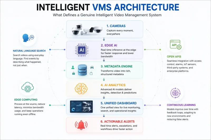 Intelligent VMS architecture showing the flow from cameras and edge AI to metadata, analytics, a unified dashboard, and actionable alerts.