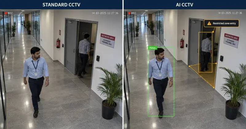 Standard CCTV feed compared with an AI CCTV camera feed showing detection boxes