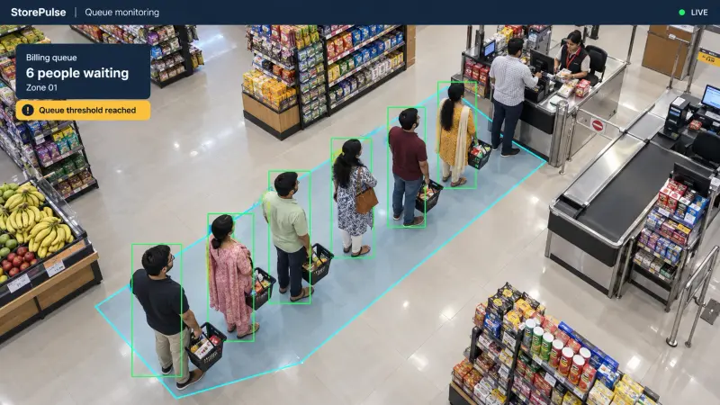 StorePulse queue monitoring zone on a retail billing counter camera view.