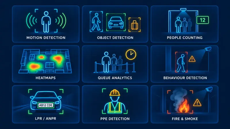 Types of video analytics including people counting, heatmaps, queue monitoring, ANPR, PPE and fire detection.