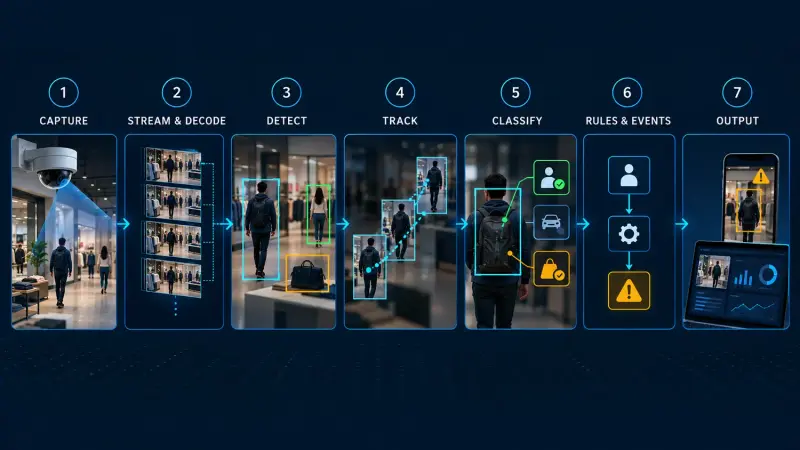 Seven-step video analytics pipeline from camera capture and object detection to real-time alerts.