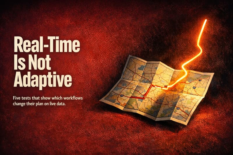 Hero image: a folded road map whose printed route stops at a fold while a glowing line redraws a new route, beside the headline Real-Time Is Not Adaptive, for a guide to adaptive workflow orchestration tools