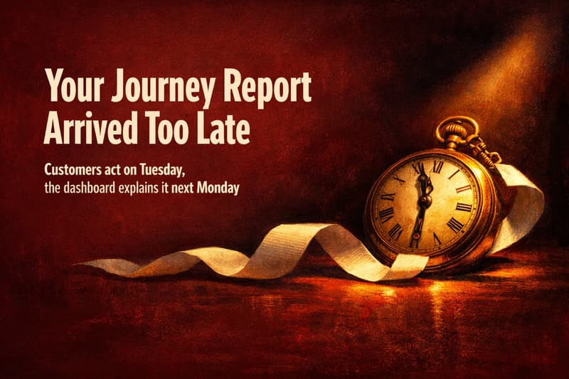 Customer journey analytics cover on deep oxblood with the headline Your Journey Report Arrived Too Late on the left and an open brass pocket watch unspooling a long ribbon of blank paper.