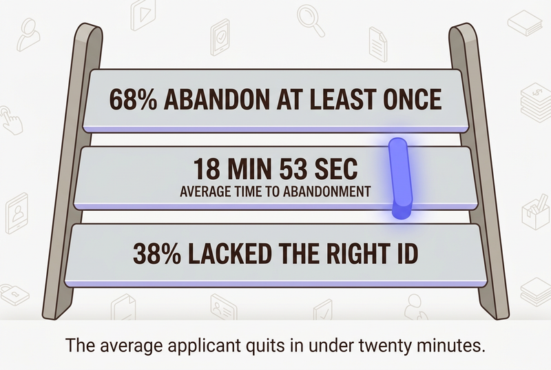 Three-rung ladder infographic showing 68 percent abandon at least once, 18 minutes 53 seconds average time to abandonment, and 38 percent lacked the right identity documents.