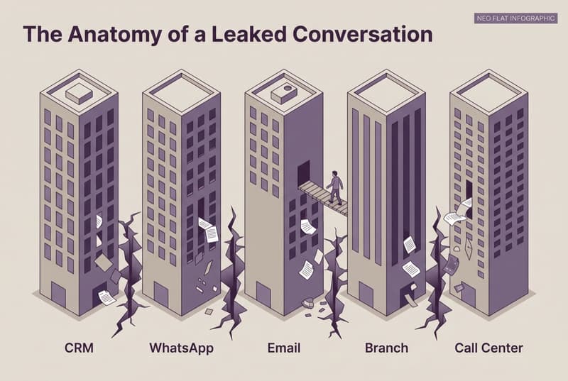 Isometric infographic showing the anatomy of a leaked conversation across bank channels