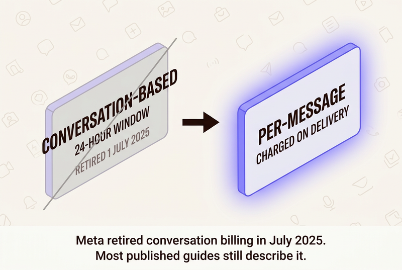 Infographic showing conversation-based WhatsApp billing retired on 1 July 2025 and replaced by per-message pricing charged on delivery.