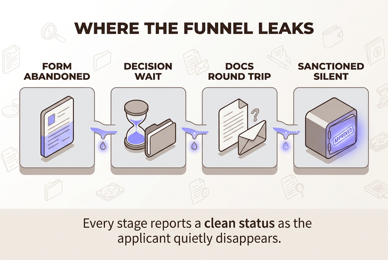 Isometric infographic showing the four stages where loan origination leaks: form abandonment, decision wait, document round trip and silent post-approval delay, connected by a narrowing pipe losing droplets at each stage, captioned that every stage reports a clean status while the applicant disappears.