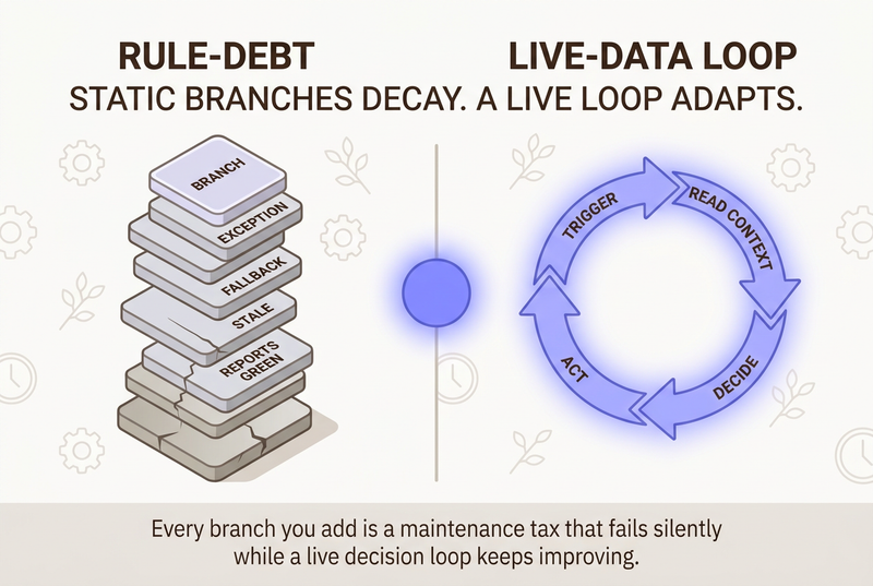 Neo Flat Isometric infographic contrasting rule-debt as a cracked tower of stacked if-then branches decaying silently against a glowing periwinkle live-data decision loop, illustrating why static branches decay in adaptive journey orchestration.