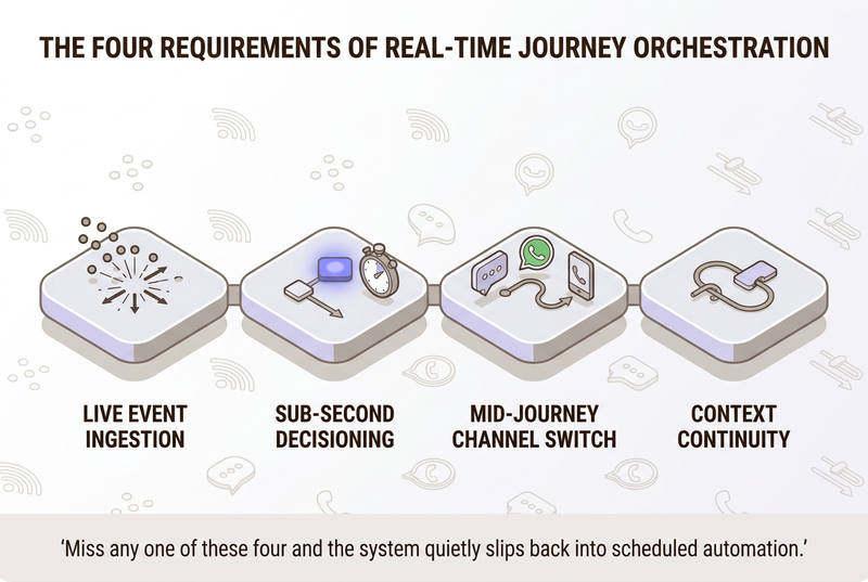 Neo Flat Isometric capability diagram showing the four requirements of real-time journey orchestration as a connected pipeline: live event ingestion, sub-second decisioning highlighted in glowing periwinkle, mid-journey channel switch, and context continuity as one unbroken memory thread.