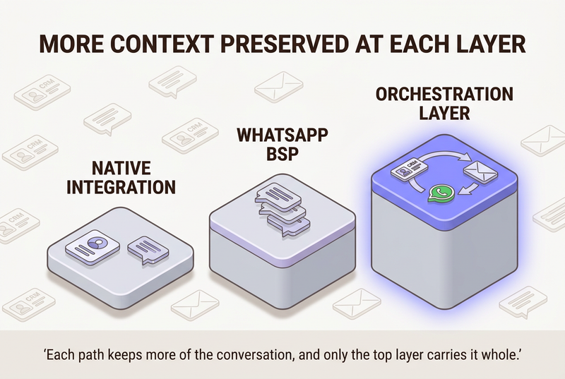 Isometric infographic comparing the three HubSpot WhatsApp connection paths, native integration, WhatsApp BSP, and orchestration layer, as three rising platforms showing how much conversation continuity each one preserves, the glowing orchestration layer keeping the thread whole across CRM WhatsApp and email.