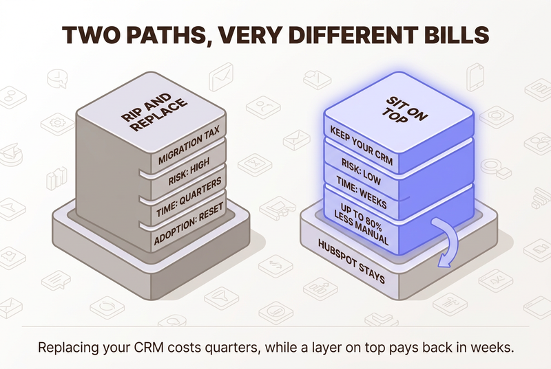 Isometric contrast infographic showing rip-and-replace as a costly high-risk stack versus sit-on-top as a low-risk glowing periwinkle stack that keeps HubSpot as the base.