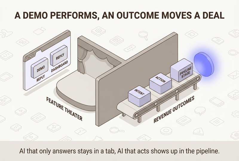 Isometric infographic contrasting a hollow feature-theater stage of demos and dashboards inside a floating tab on the left against a revenue-outcomes conveyor carrying intent, action, and pipeline blocks into a glowing periwinkle revenue node on the right.