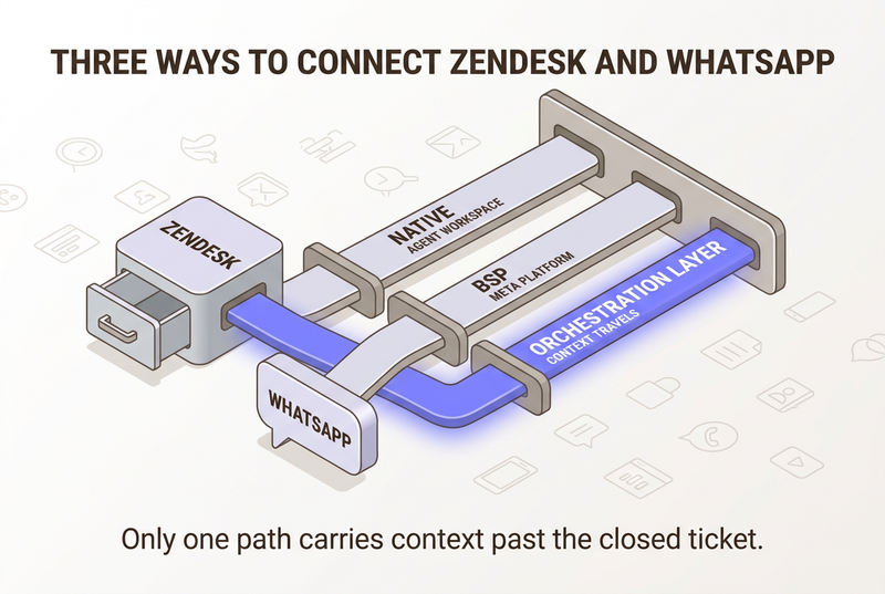 Neo flat isometric diagram of three lanes connecting a Zendesk database and a WhatsApp bubble, with a glowing periwinkle orchestration-layer lane carrying an unbroken context thread across both.
