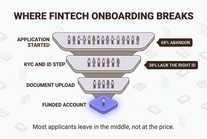 Isometric funnel infographic showing fintech onboarding drop-off, with 68 percent abandoning overall and 38 percent lacking the right ID at the KYC step, and a glowing funded-account stage.
