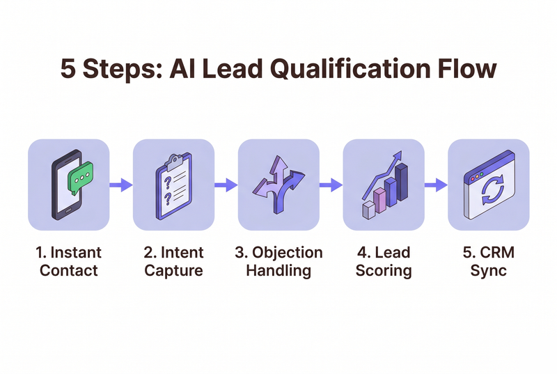 Neo-flat isometric process flow showing five steps of AI lead qualification at a car dealership: instant contact, intent capture, objection handling, lead scoring, and CRM sync, with periwinkle arrows connecting each stage.
