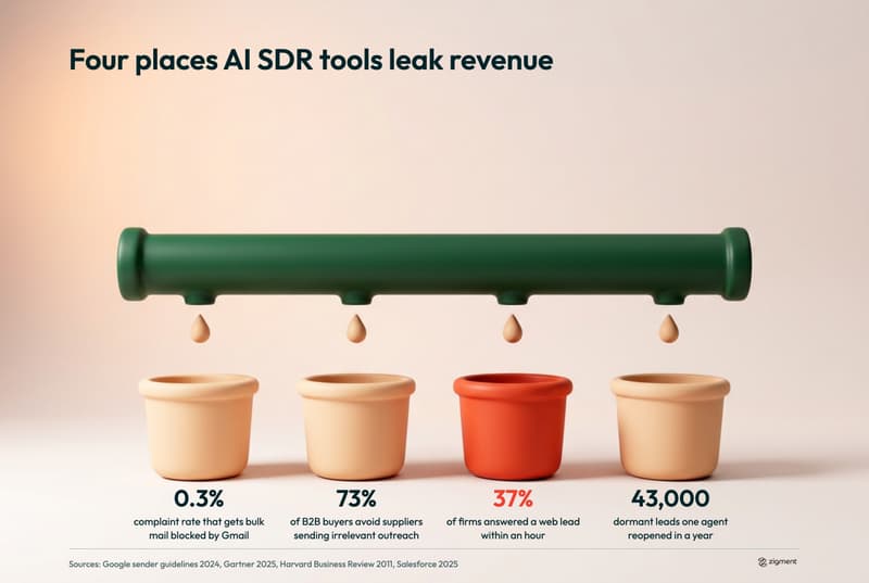 Infographic titled Four places AI SDR tools leak revenue: a green clay pipe drips into four buckets labelled with the Gmail 0.3 percent spam complaint block line, 73 percent of buyers avoiding irrelevant outreach, 37 percent of firms answering a web lead within an hour, and 43,000 dormant leads one agent reopened.