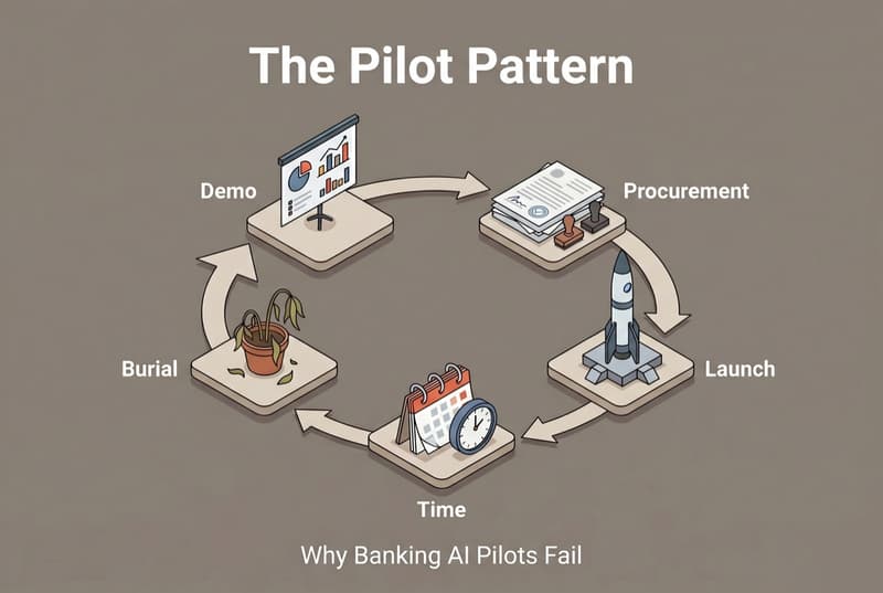 Isometric infographic showing the AI pilot pattern lifecycle in banking