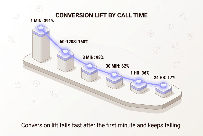 Infographic titled Conversion Lift By Call Time, part of the speed to lead statistics research, showing a descending curve of six glowing nodes: 1 minute 391 percent, 60 to 120 seconds 160 percent, 3 minutes 98 percent, 30 minutes 62 percent, 1 hour 36 percent, 24 hours 17 percent.