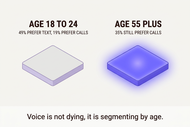 Infographic showing 18 to 24 year olds prefer text 49 percent to 19 percent while 35 percent of over 55s still prefer calls.