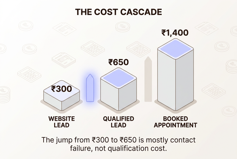 Isometric bar chart infographic titled The Cost Cascade showing insurance lead costs rising from 300 rupees per website lead, to 650 rupees per qualified lead, to 1,400 rupees per booked appointment, with a glowing highlight on the jump between the first two bars and the caption The jump from 300 rupees to 650 rupees is mostly contact failure, not qualification cost.
