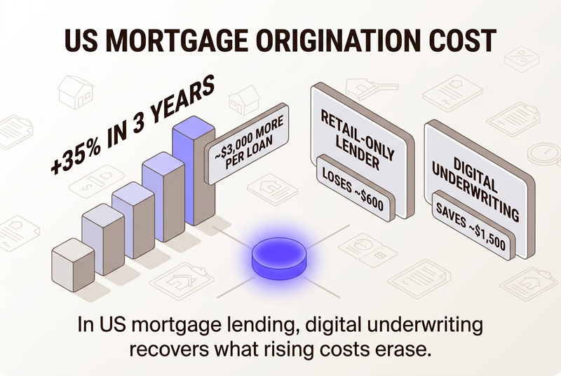 Isometric infographic of US mortgage origination costs, showing cost up 35 percent over three years, about $3,000 more per loan, a retail-only lender losing about $600 per loan, and a digitally capable lender saving about $1,500 per loan.