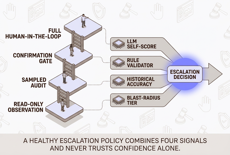 Isometric infographic of tiered human-in-the-loop oversight for agentic AI with a four-signal escalation composite feeding a single decision node