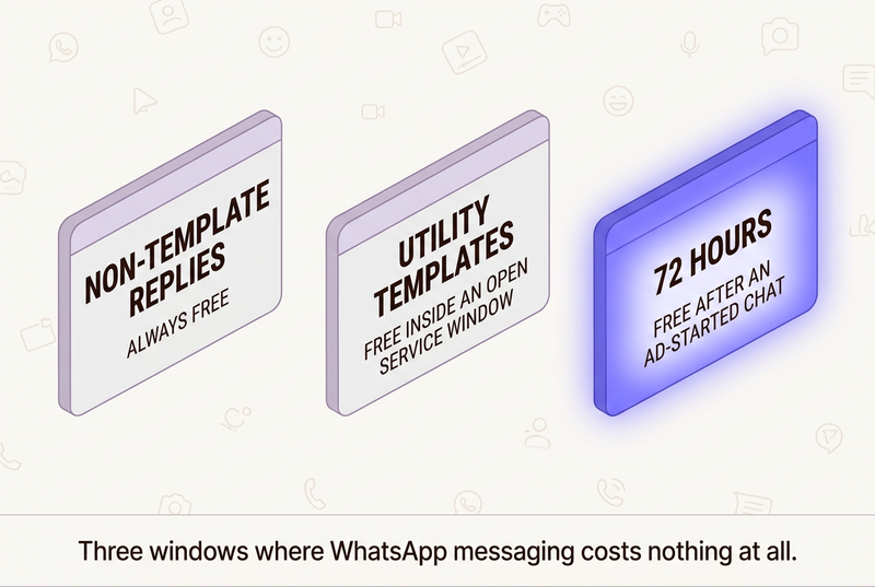Infographic showing three cases where WhatsApp Business Platform messaging is free, including the 72-hour window after an ad-started chat.