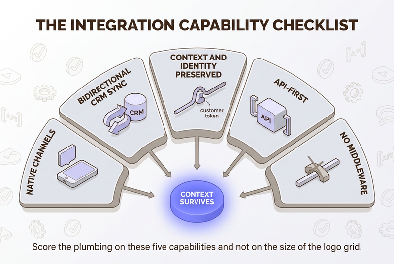 Integration-capability checklist infographic for journey orchestration: five capability cards, native channels, bidirectional CRM sync, context and identity preserved, API-first, and no middleware, all pointing to a glowing context-survives core.
