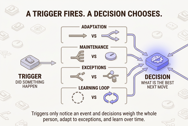 Neo Flat Isometric infographic comparing a muted trigger switch against a glowing periwinkle decision node across four capability lanes, adaptation, maintenance, exceptions and learning loop, showing decisioning versus rules in adaptive journey orchestration.