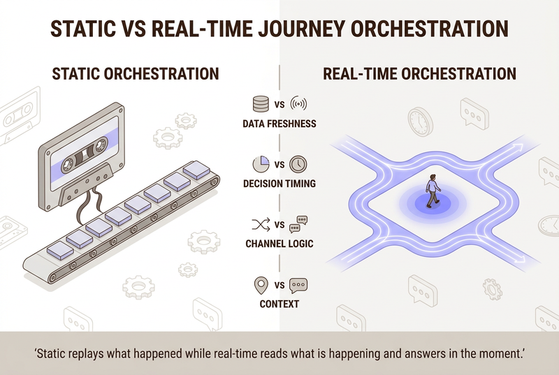 Neo Flat Isometric contrast of static versus real-time journey orchestration: a frozen cassette-tape lane running pre-set steps on a fixed timer beside a glowing periwinkle live signal current that reroutes around a moving customer across channels, with paired markers for data freshness, decision timing, channel logic, and context.