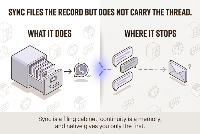 Isometric infographic showing where the native HubSpot WhatsApp integration stops: on the left it files the contact record into the CRM and logs the message, but on the right the live conversation thread frays and cannot carry continuity forward into email and later WhatsApp replies, the glowing gap marking where memory is lost.