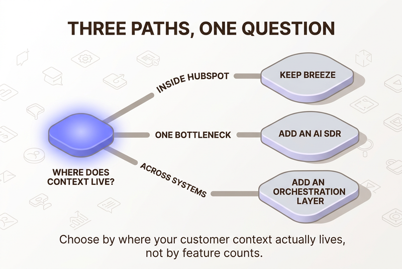 Isometric decision tree branching from a glowing question node, where does context live, into three outcome panels, keep Breeze, add an AI SDR, or add an orchestration layer, one per path.