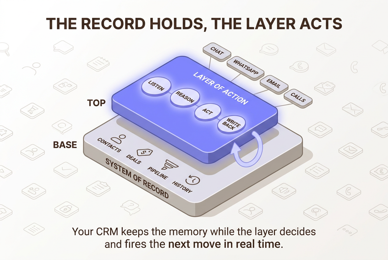 Isometric two-tier diagram with a system of record base slab holding contacts and deals, and a glowing periwinkle layer of action above running listen, reason, act, write back across chat, WhatsApp, email, and calls.