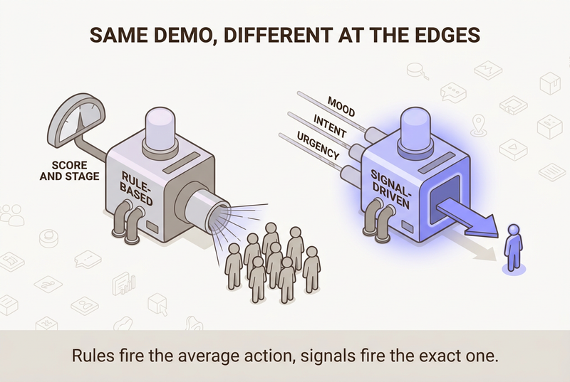 Two neo flat isometric decision engines contrasted, a rule-based machine fed by a static score blasting one message to a crowd, beside a signal-driven machine fed by live streams sending one arrow to one person.