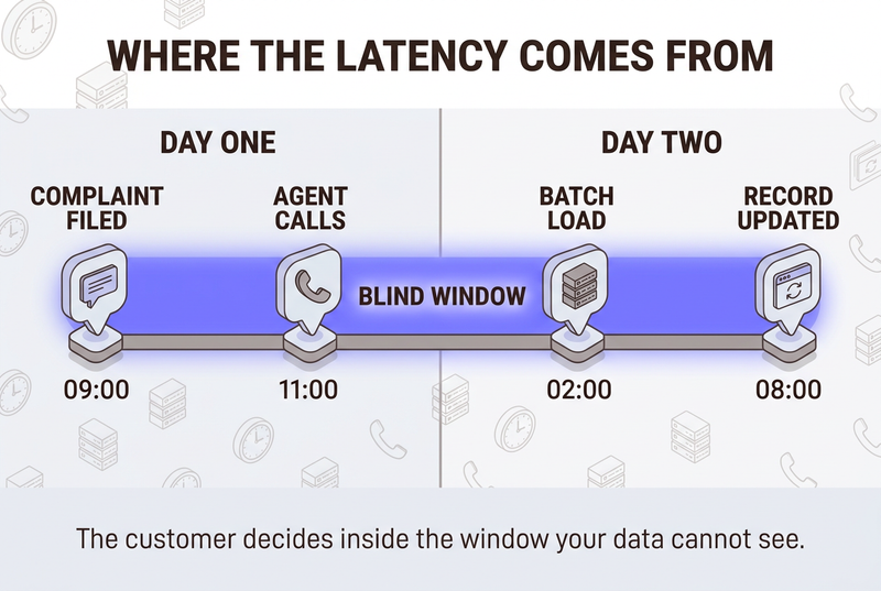 Neo flat isometric timeline showing a complaint filed at nine, an agent call at eleven inside a glowing blind window, an overnight batch load at two, and the record finally updating the next morning.