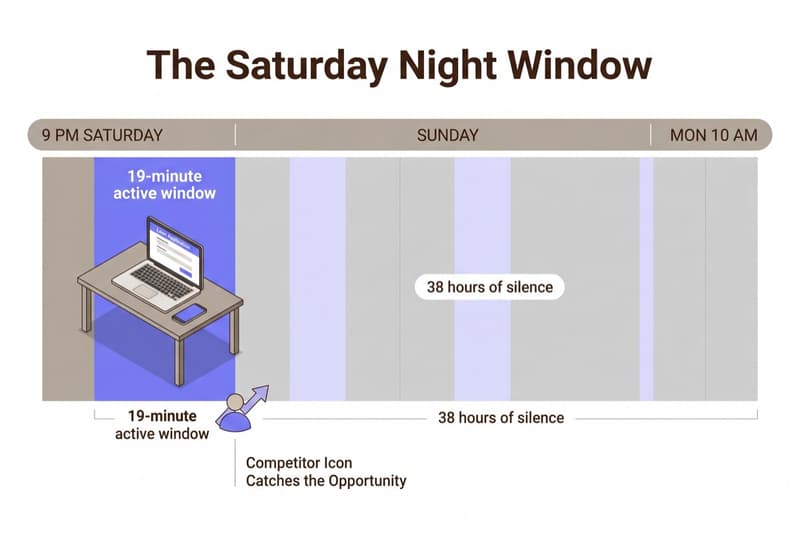 Isometric infographic showing the Saturday night window when a loan applicant is lost