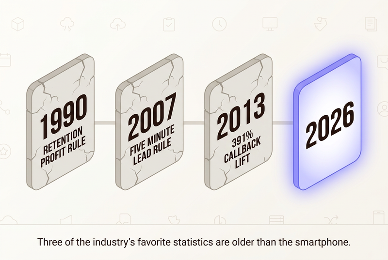 Timeline infographic contrasting three widely cited statistics from 1990, 2007 and 2013 against a glowing 2026 card.