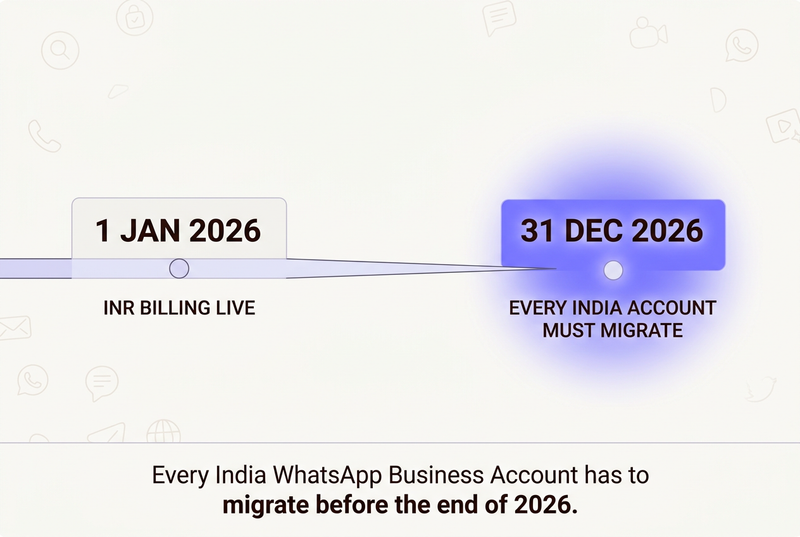 Timeline infographic showing INR billing live on 1 January 2026 and the 31 December 2026 deadline for every India WhatsApp Business Account to migrate.