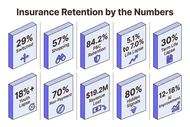 Insurance retention statistics: 29% switched insurers, 57% shopping rate, 84.2% P&C retention, and more key metrics