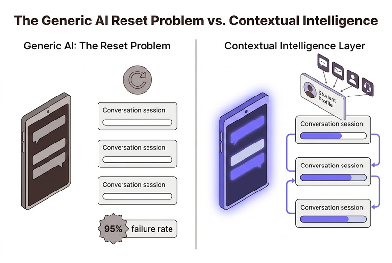 Split isometric comparison showing generic AI with disconnected sessions resetting to zero on the left versus contextual intelligence with connected sessions building accumulated student context on the right.