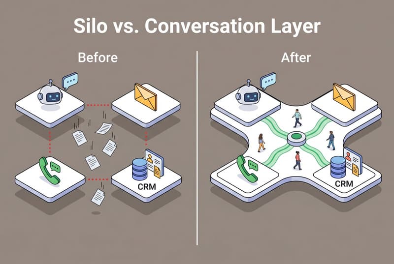 Isometric infographic comparing silo AI deployments versus a unified conversation layer