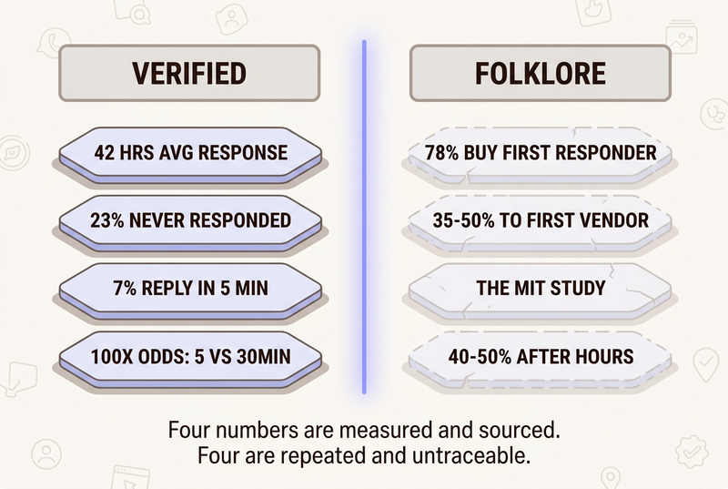 Two column infographic comparing verified speed to lead statistics against folklore: verified column lists 42 hours average response, 23 percent never responded, 7 percent reply in 5 minutes, and 100 times contact odds at 5 versus 30 minutes; folklore column lists the 78 percent claim, the 35 to 50 percent claim, the MIT study, and the 40 to 50 percent after hours claim.