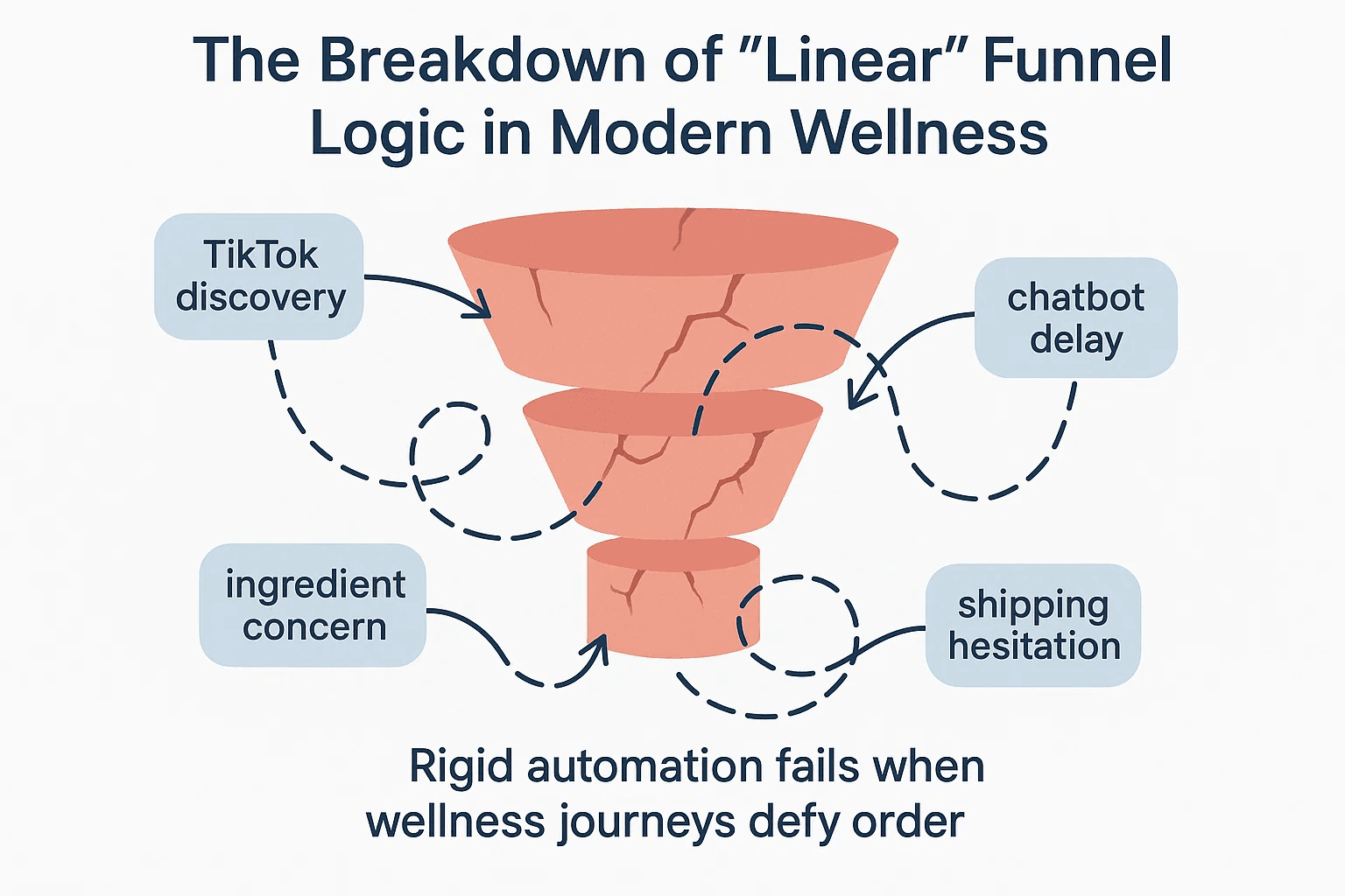 Diagram showing a cracked marketing funnel, symbolizing the failure of rigid Marketing Automation in Health and Wellness. It illustrates customer journey disruptions like ingredient concerns and chatbot delays, emphasizing the need for flexible Customer Journey Automation driven by Agentic AI over linear funnel logic.